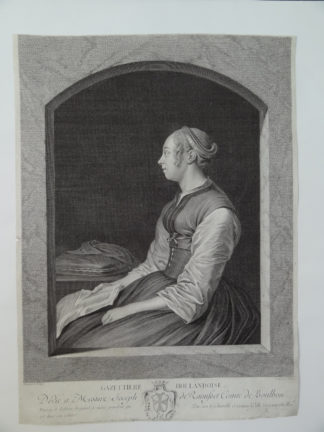 Portrait of a lady holding a letter. Original antique engraving by Jean George Wille after Gerard Terborch, published in 1760.