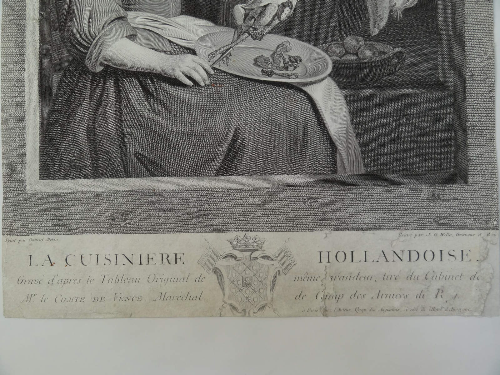 , Antique Print-PORTRAIT MAID-COOK-ANCIENT DUTCH DRESS-RABBIT-Metzu-Wille-1760, Pictura Antique Prints