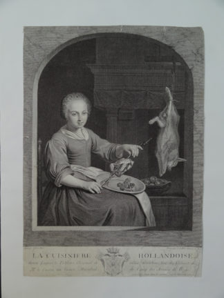 La cuisiniere Hollandoise. ("The Dutch Cook"). Engraving on hand laid paper by Jean George Wille after Gabriel Metzu, 1760.
