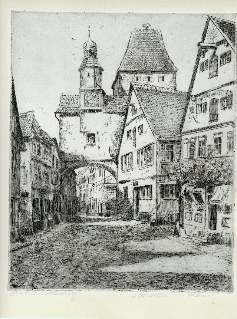 , 2 Antique Prints-ROTHENBURG-TOWN GATE-FOUNTAIN-Görtitz-Waning-c.1950, Pictura Antique Prints