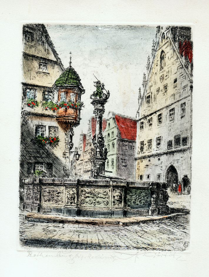 , 2 Antique Prints-ROTHENBURG-TOWN GATE-FOUNTAIN-Görtitz-Waning-c.1950, Pictura Antique Prints