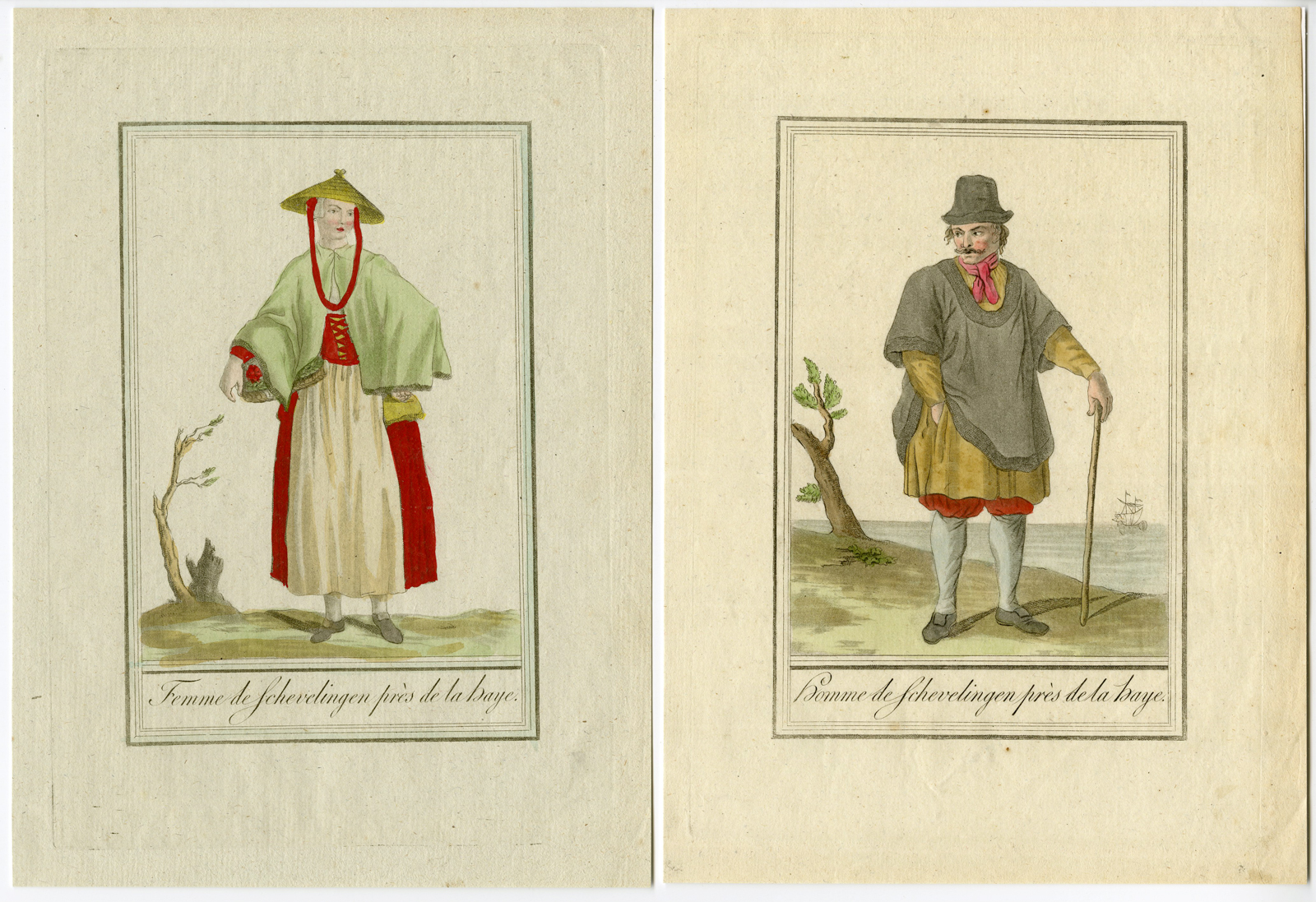 , 2 Antique Prints-SCHEVENINGEN-DEN HAAG-WOMAN-COSTUME-NETHERLANDS-Picart-1731, Pictura Antique Prints