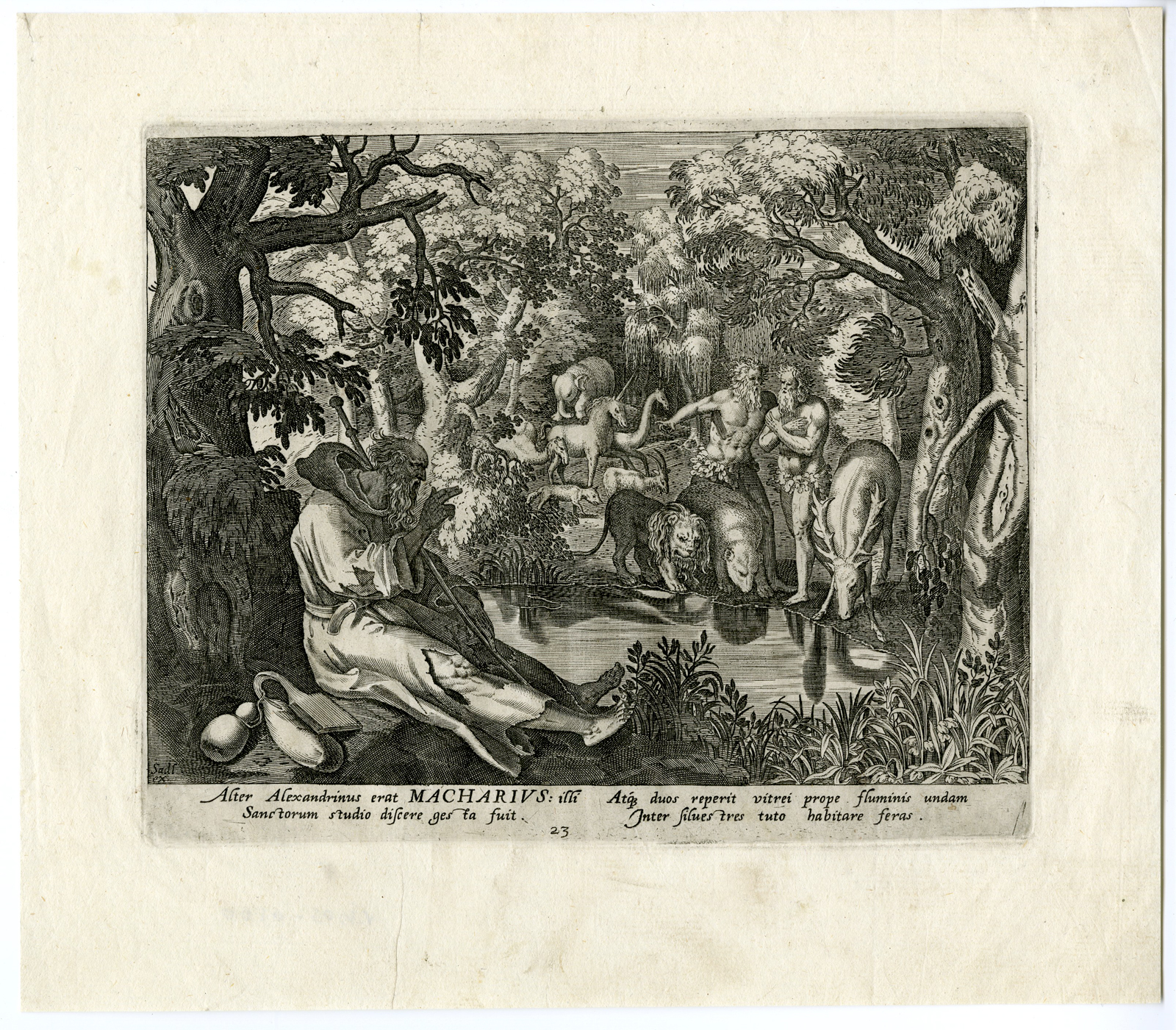 , Antique Print-MACARIUS OF ALEXANDRIA-HERMIT-UNICORN-LION-De Vos-Sadeler-c. 1590, Pictura Antique Prints