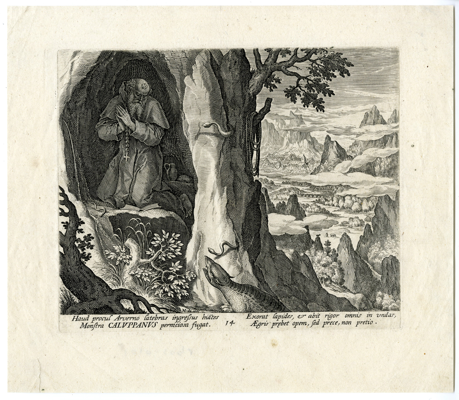 , Antique Print-CALUPPANUS THE HERMIT-SNAKE-REPTILE-CAVE-De Vos-Sadeler-c. 1590, Pictura Antique Prints