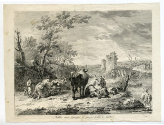 Antique Master Print-CATTLE-GOAT-MILKING-SHEEP-BAGPIPES-Berghem-Wagner-c. 1750