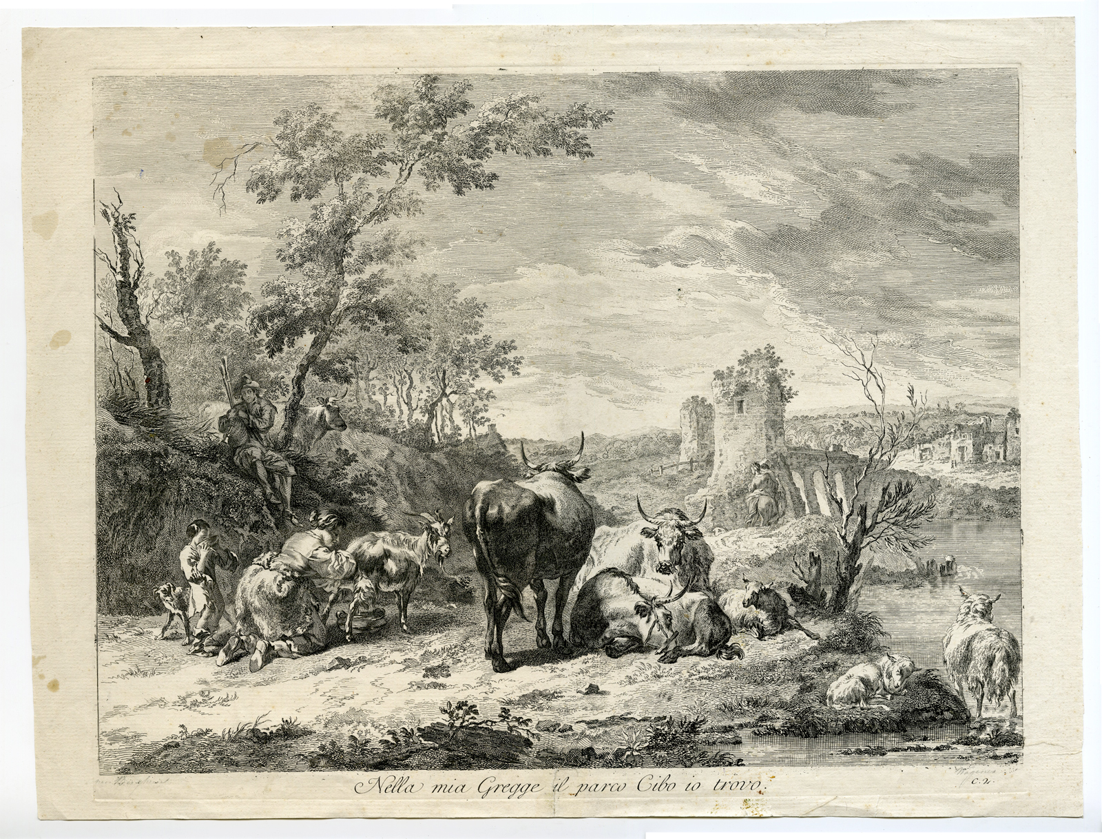 , Antique Master Print-CATTLE-GOAT-MILKING-SHEEP-BAGPIPES-Berghem-Wagner-c. 1750, Pictura Antique Prints