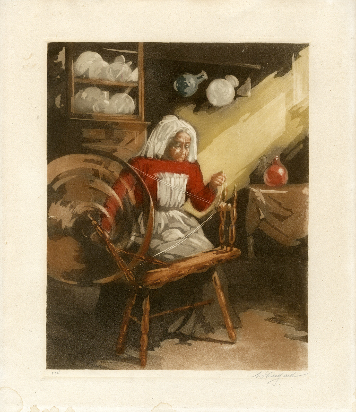 , Antique Print-SPINNING WHEEL-OLD WOMAN-Hugard de la Tour-c. 1880, Pictura Antique Prints