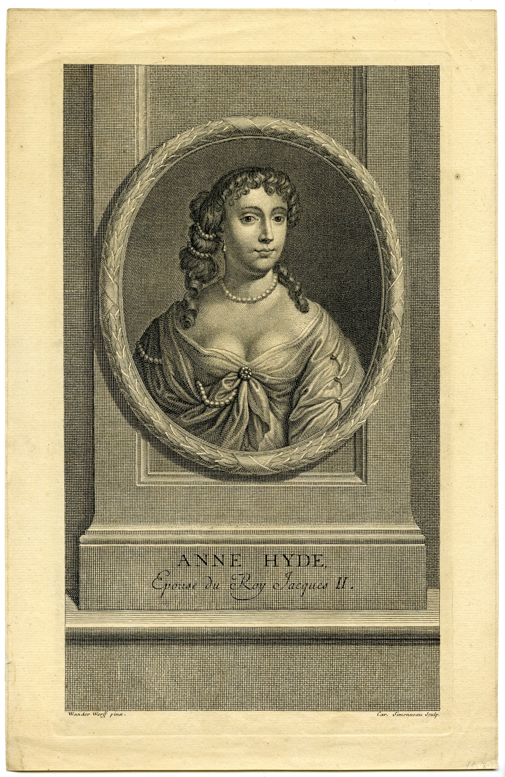 , Antique Print-ANNE HYDE-DUCHESS OF YORK-JAMES II-Van der Werff-Simonneau-1697, Pictura Antique Prints