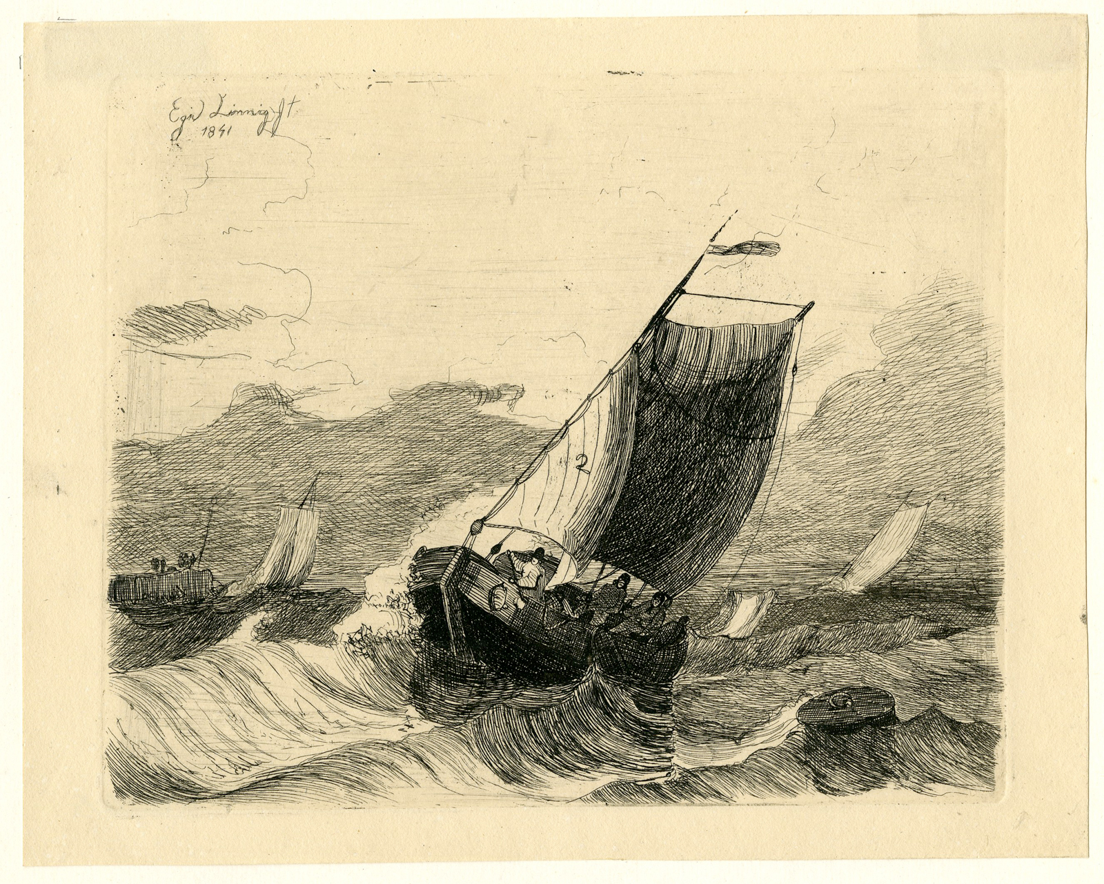 , Antique Master Print-SAILING BOAT-SHIP-SEA-WAVES-Linnig-1841, Pictura Antique Prints