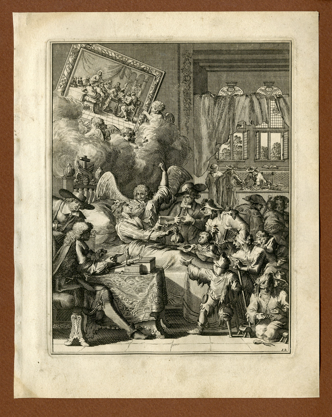 , Antique Print – SICK MAN-LAST WILL-TESTAMENT-NOTARY-10-HOOGHE after VIGNE – 1694, Pictura Antique Prints