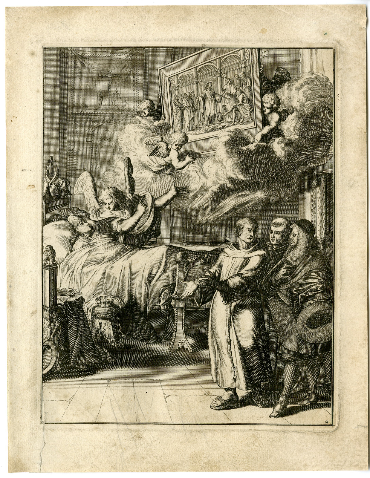 , Antique Print – SICK MAN-PREPARE FOR DEATH-CONFESSION-2-DE HOOGHE after VIGNE – 1694, Pictura Antique Prints