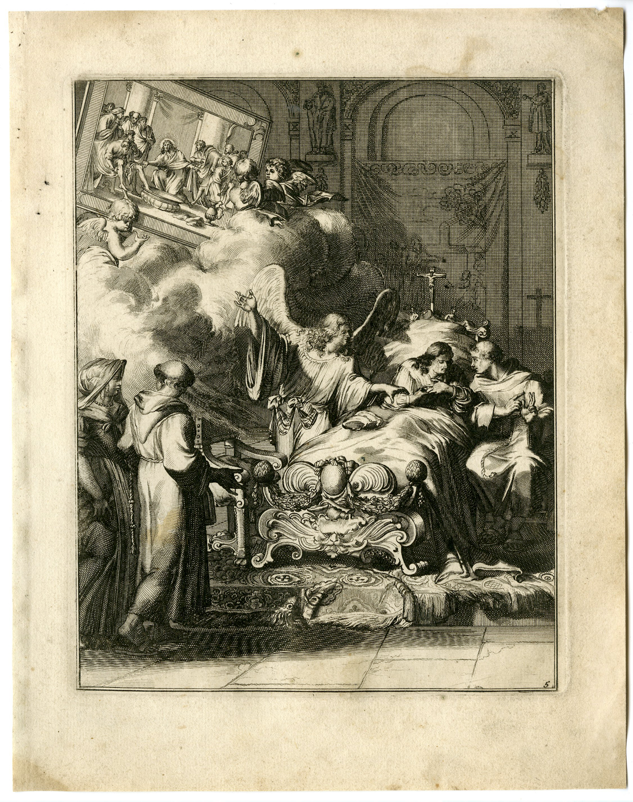 , Antique Print – SICK MAN-PREPARE FOR DEATH-CONFESSION-5-DE HOOGHE after VIGNE – 1694, Pictura Antique Prints