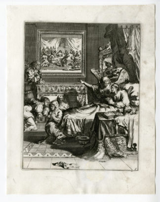 Antique Print - SICK MAN-DEATH-JESUS-RECEIVE BREAD-6-HOOGHE after VIGNE - 1694