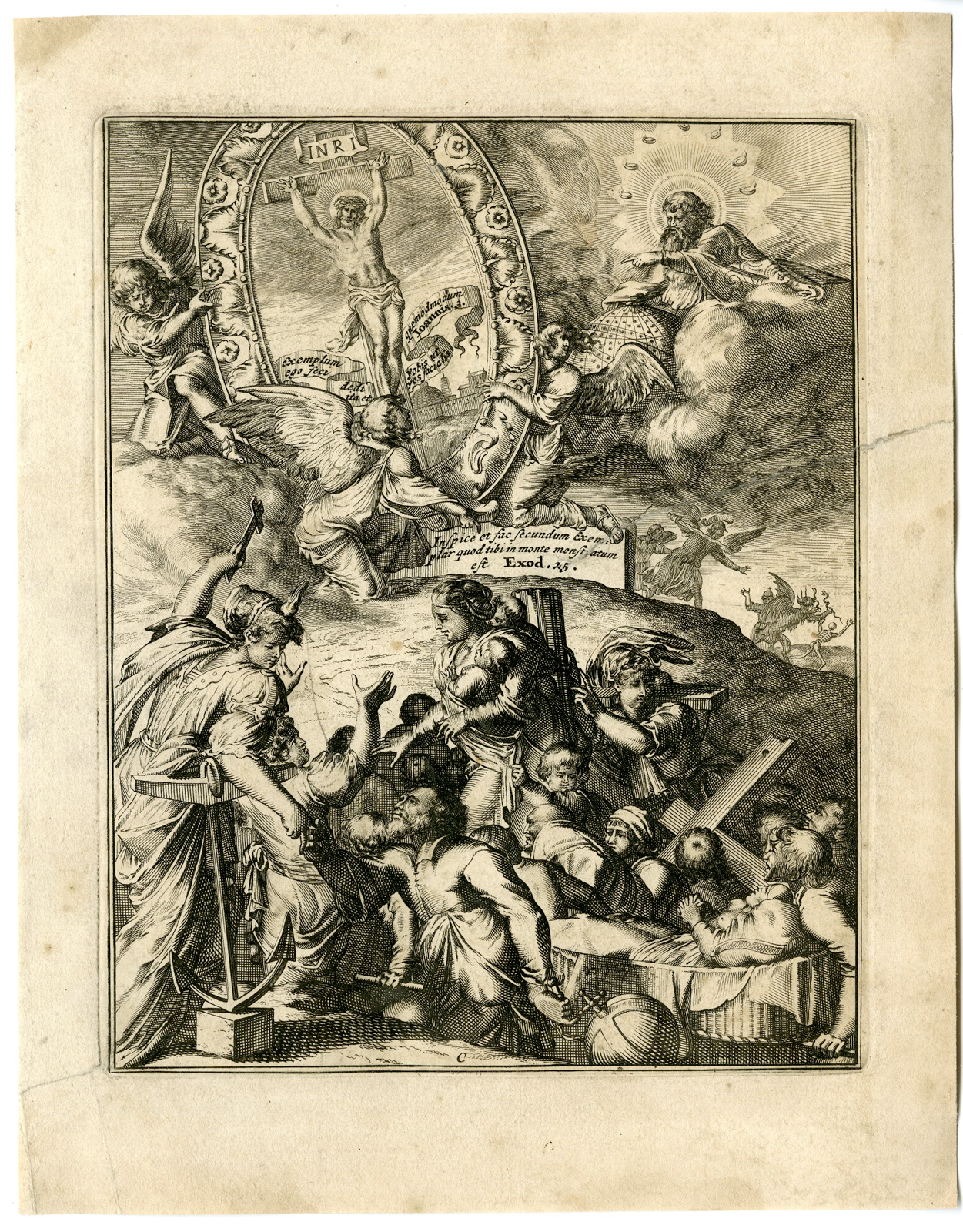 , Antique Print – TITLE ENGRAVING-JESUS AT CROSS-ALLEGORY-C-HOOGHE after VIGNE – 1694, Pictura Antique Prints