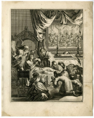 Antique Print - SICK MAN-PREPARE FOR DEATH-BREAD-JESUS-8-DE HOOGHE after VIGNE - 1694