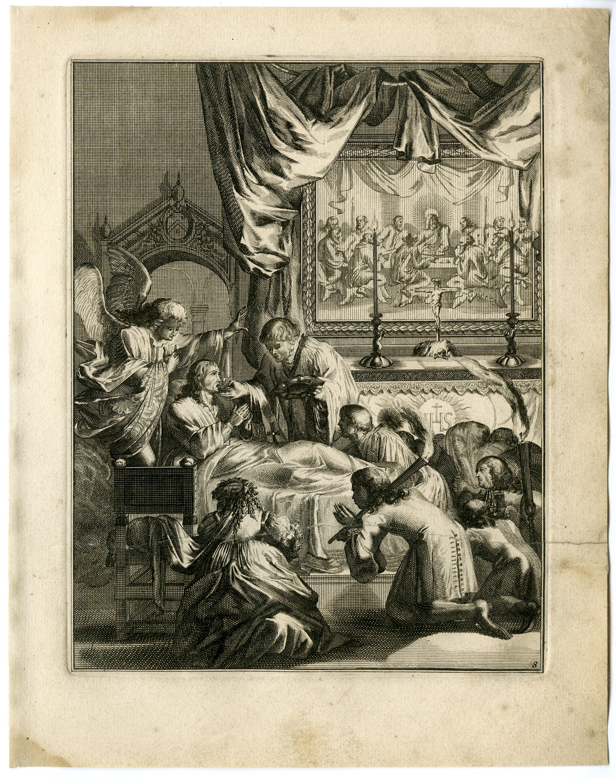 , Antique Print – SICK MAN-PREPARE FOR DEATH-BREAD-JESUS-8-DE HOOGHE after VIGNE – 1694, Pictura Antique Prints