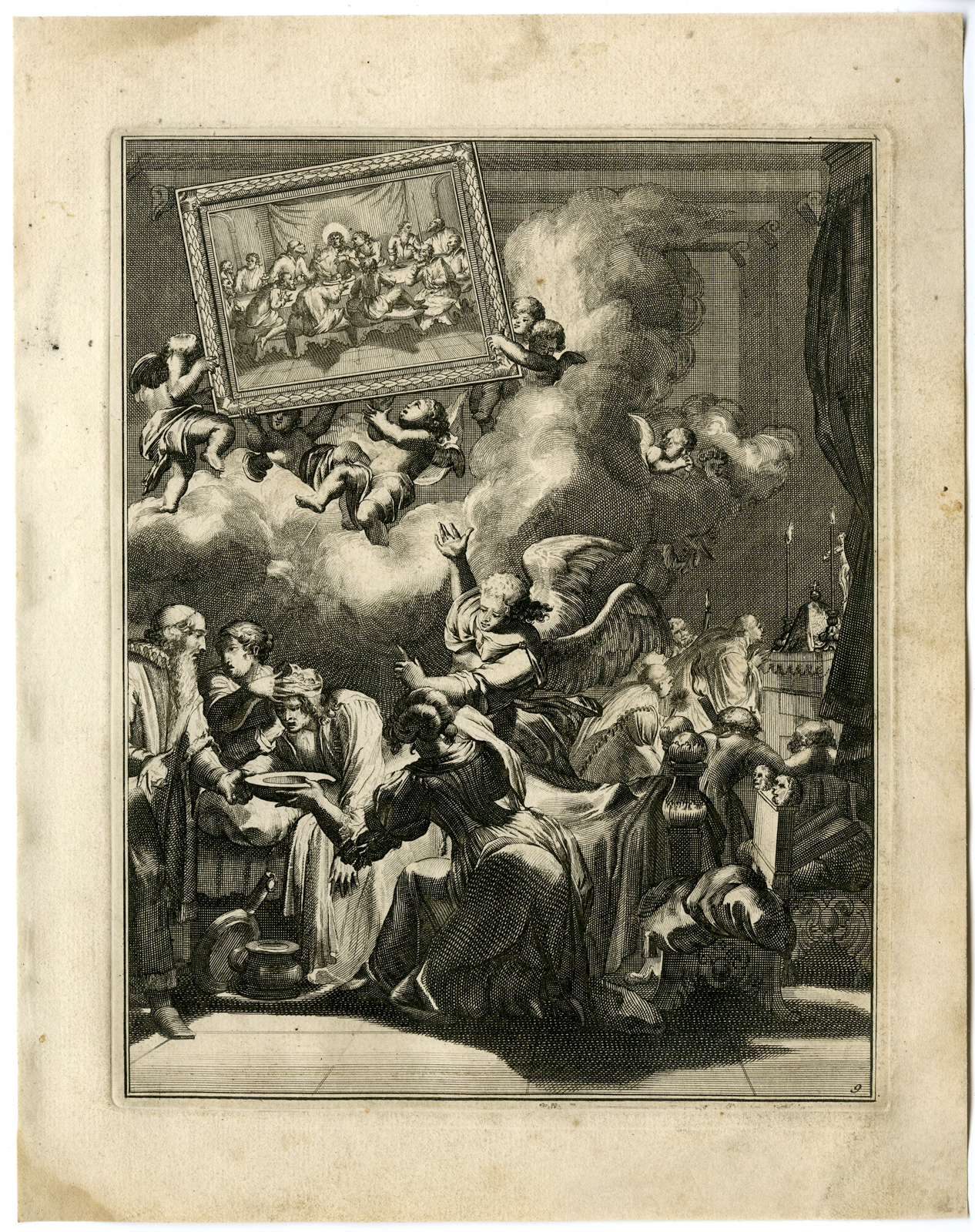 , Antique Print – SICK MAN-PREPARE FOR DEATH-BREAD-JESUS-9-DE HOOGHE after VIGNE – 1694, Pictura Antique Prints
