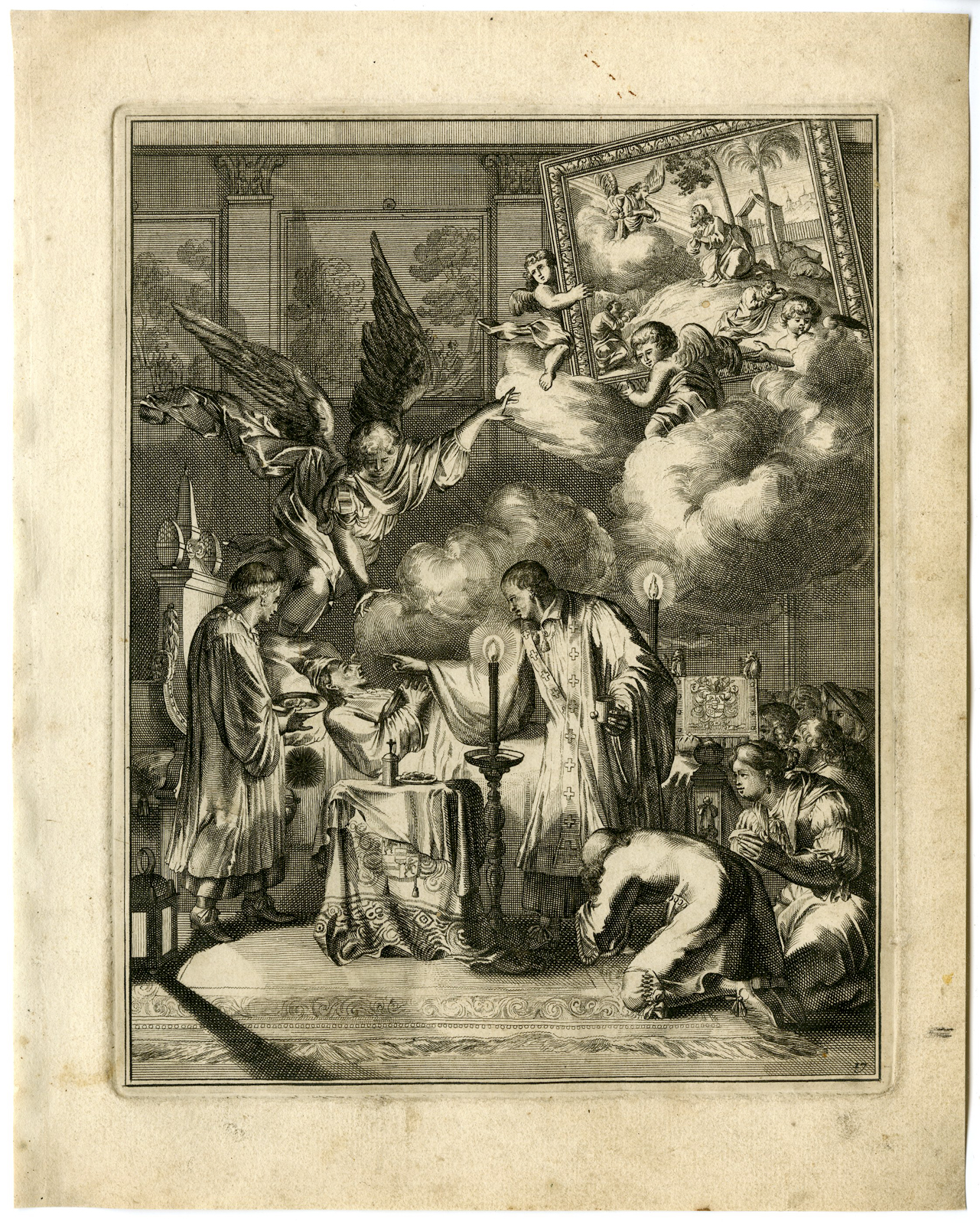 , Antique Print – SICK MAN-HOLY OINTMENT-RELIEVE SUFFERING-17-HOOGHE after VIGNE – 1694, Pictura Antique Prints