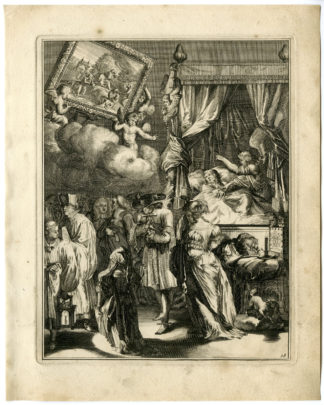 Antique Print - SICK MAN-WITHSTAND CHALLENGE BY DEVIL-18-HOOGHE after VIGNE - 1694
