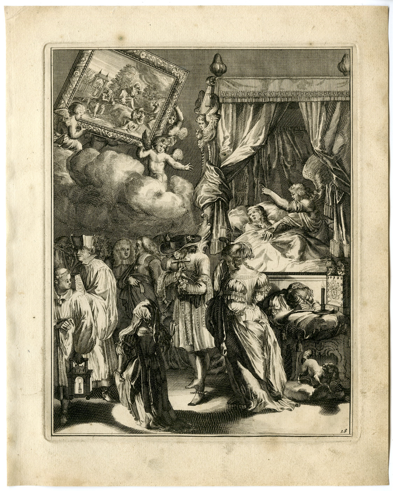 , Antique Print – SICK MAN-WITHSTAND CHALLENGE BY DEVIL-18-HOOGHE after VIGNE – 1694, Pictura Antique Prints