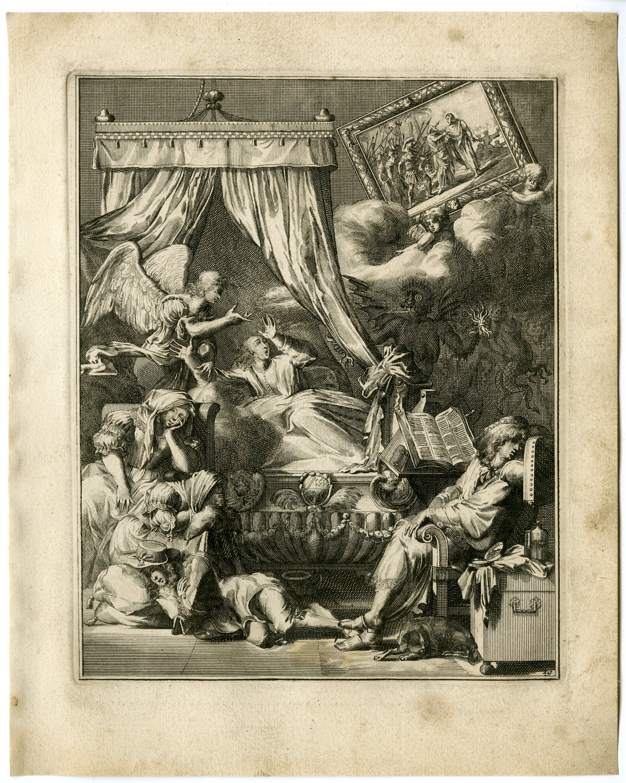 , Antique Print – SICK MAN-JUDAS-CHALLENGE BY DEVIL-19-HOOGHE after VIGNE – 1694, Pictura Antique Prints