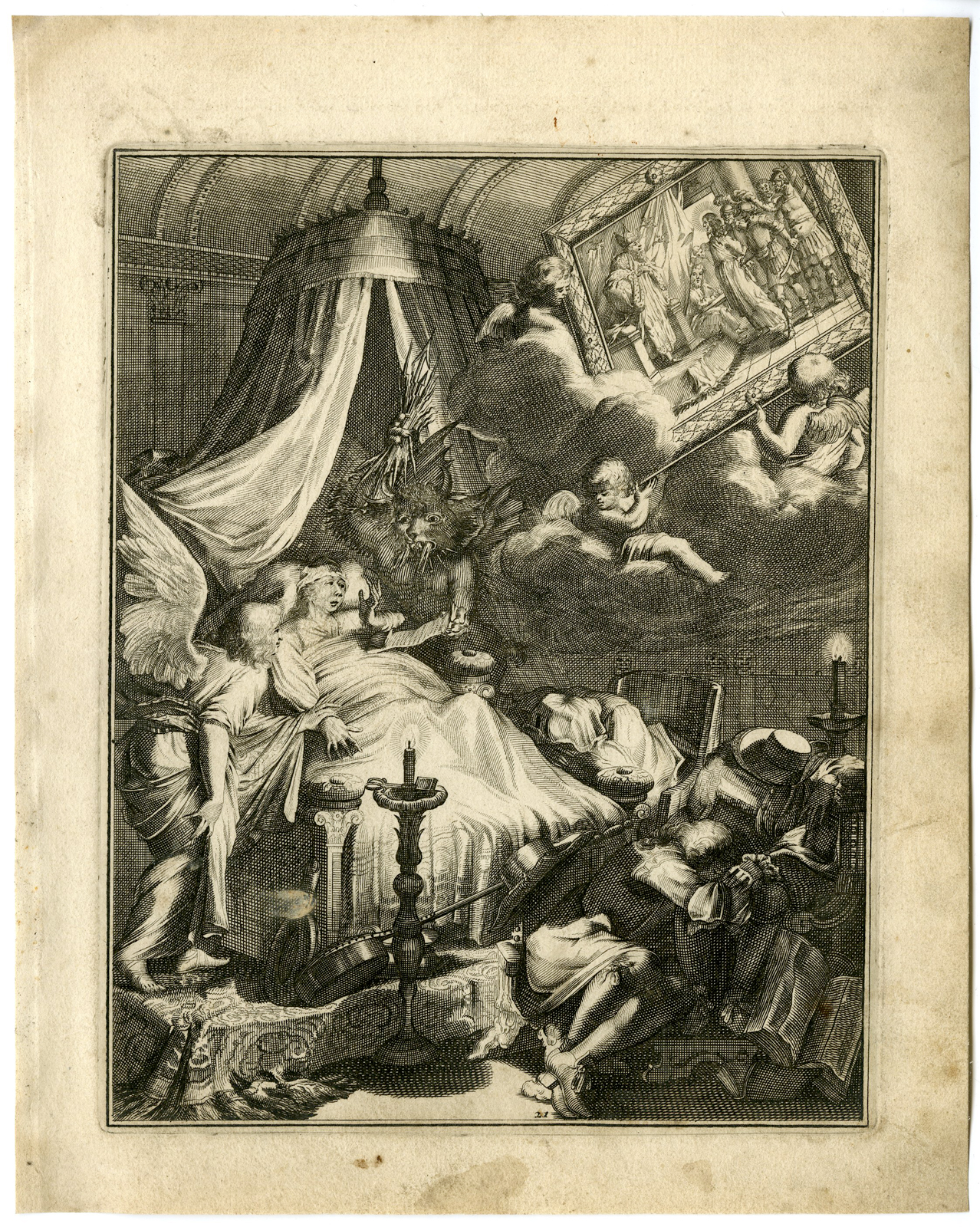 , Antique Print – SICK MAN-JESUS-CAIPHAS-ACCUSED BY DEVIL-21-HOOGHE after VIGNE – 1694, Pictura Antique Prints