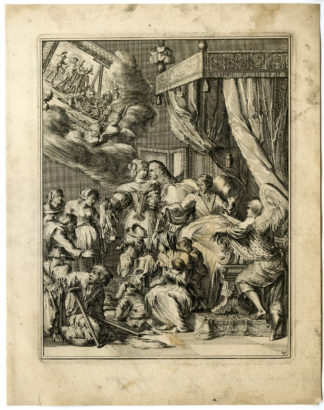 Antique Print - SICK MAN-DEATH-JESUS-PART OF BELONGINGS-29-HOOGHE after VIGNE - 1694