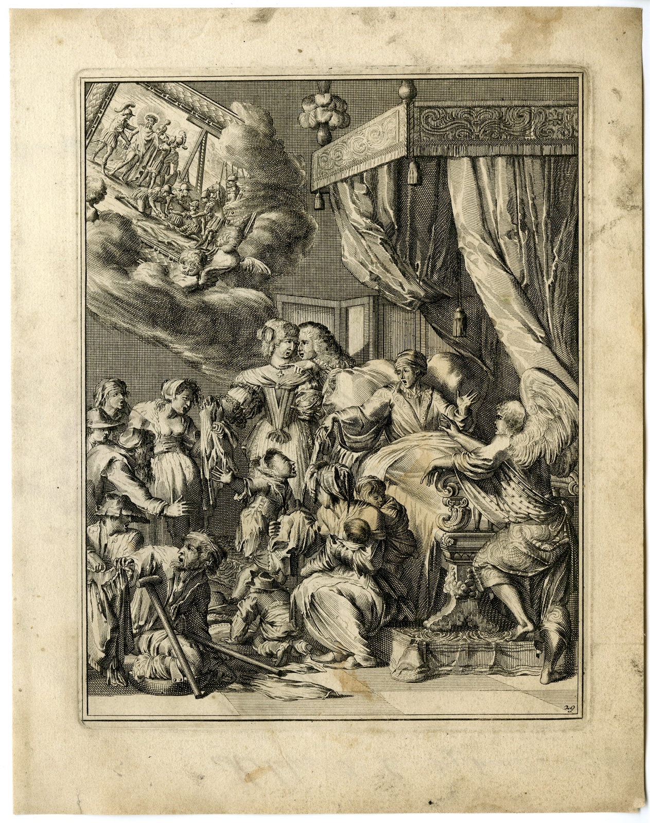 , Antique Print – SICK MAN-DEATH-JESUS-PART OF BELONGINGS-29-HOOGHE after VIGNE – 1694, Pictura Antique Prints