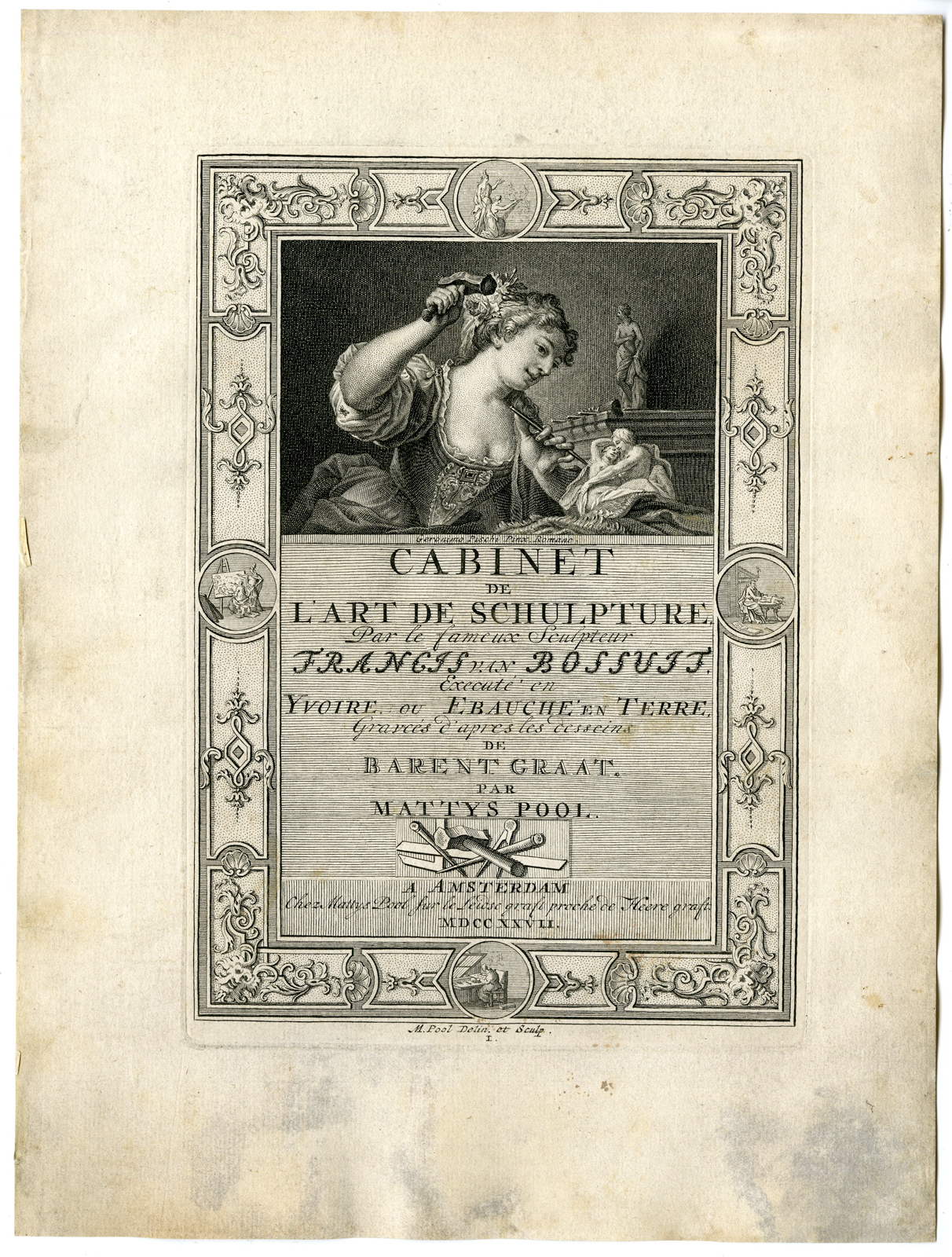 , Antique Print – TITLE PLATE-PAGE-SCULPTOR-STATUES-PL.I-POOL after BOSSUIT – 1727, Pictura Antique Prints