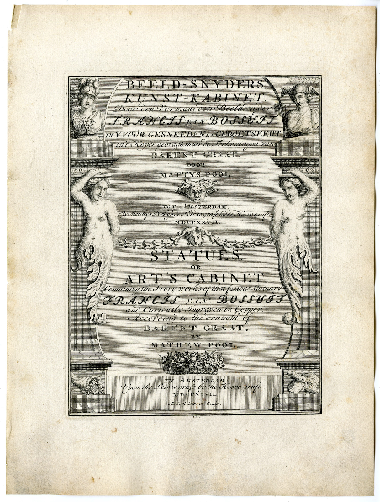 , Antique Print – TITLE PLATE-PAGE-SCULPTOR-STATUES-PL.II-POOL after BOSSUIT – 1727, Pictura Antique Prints