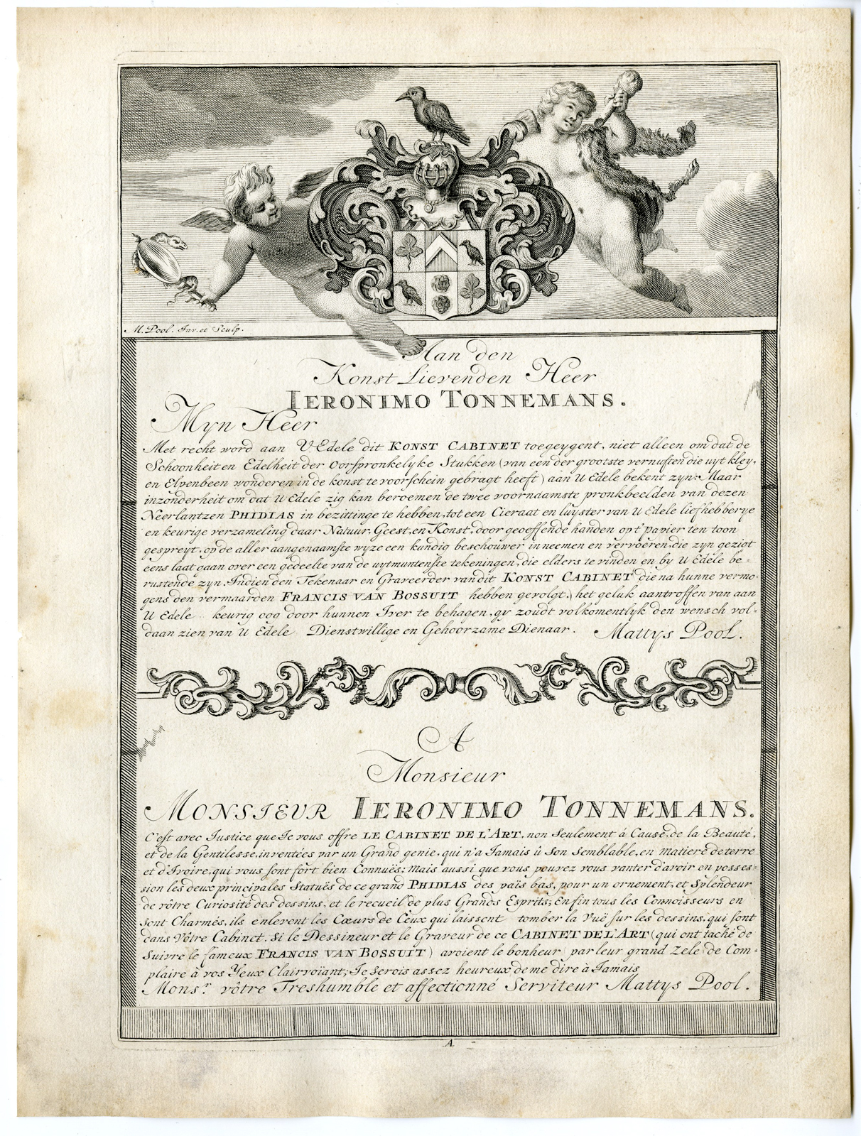 , Antique Print – JERONIMUS TONNEMANS-DEDICATION-COAT OF ARMS-PL.A-POOL after BOSSUIT – 1727, Pictura Antique Prints