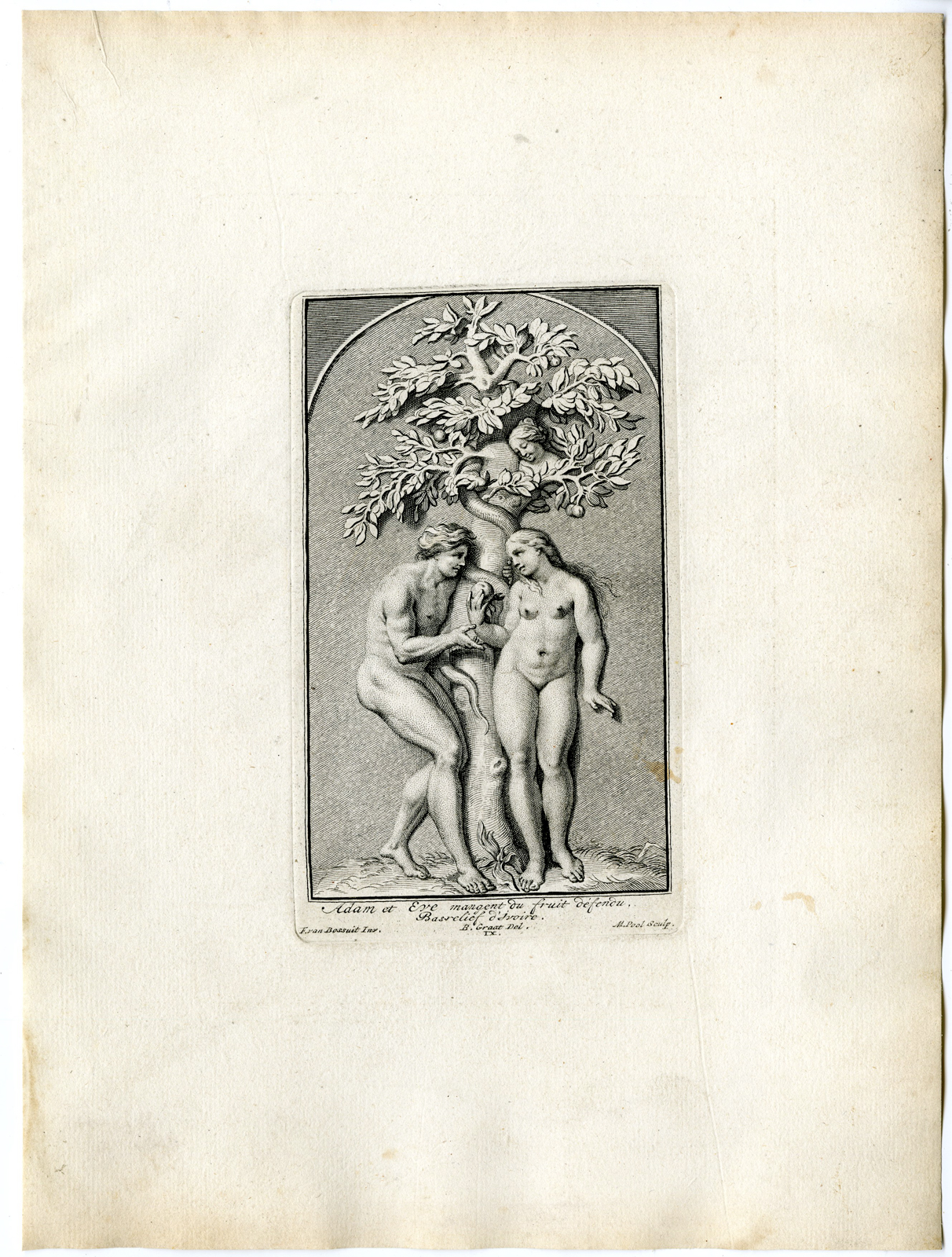 , Antique Print – ADAM AND EVE-FORBIDDEN FRUIT-PL.IX-POOL after BOSSUIT – 1727, Pictura Antique Prints