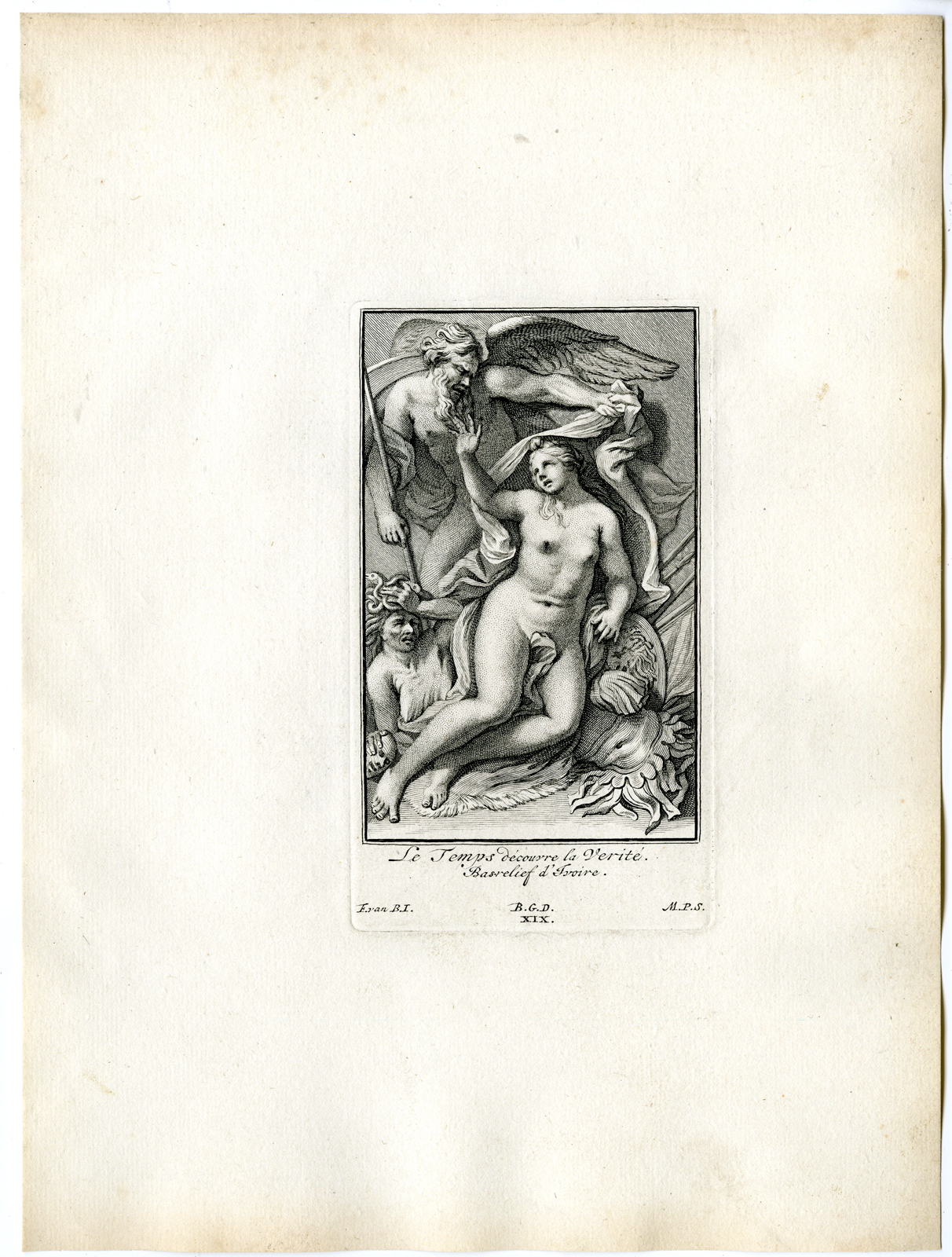 , Antique Print – FATHER TIME-COVERING TRUTH-MYTHOLOGY-PL.XIX-POOL after BOSSUIT – 1727, Pictura Antique Prints