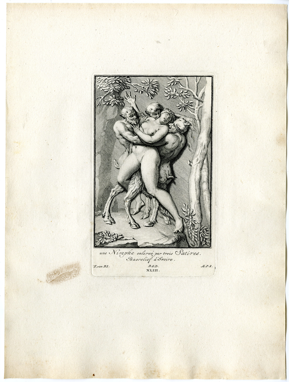 , Antique Print – NYMPH ABDUCTED BY FAUNS-MYTHOLOGY-POOL after BOSSUIT – 1727, Pictura Antique Prints
