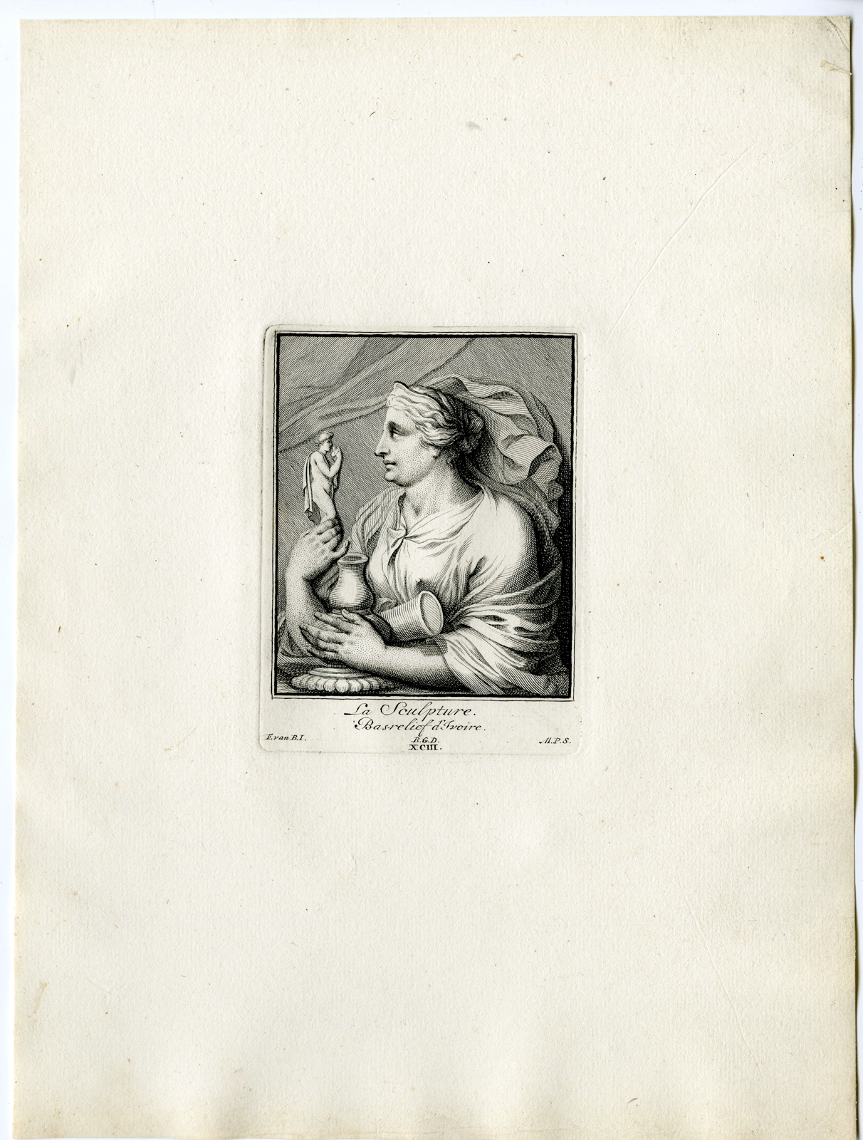 , Antique Print – SCULPTURE-MUSE-GODDESS-PL.XCIII-POOL after BOSSUIT – 1727, Pictura Antique Prints