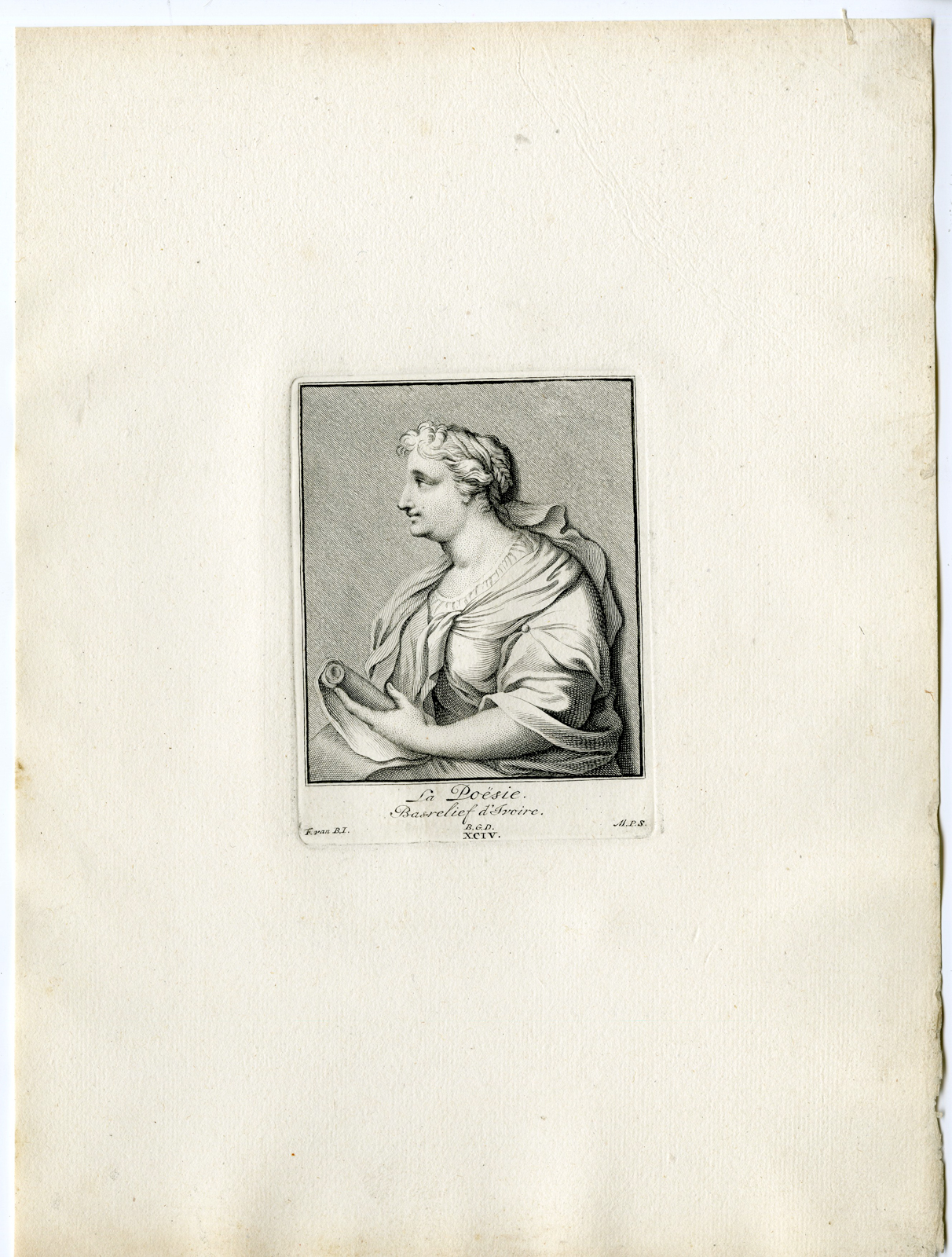 , Antique Print – LA POESIE-POETRY-MUSE-GODDESS-PL.XCIV-POOL after BOSSUIT – 1727, Pictura Antique Prints