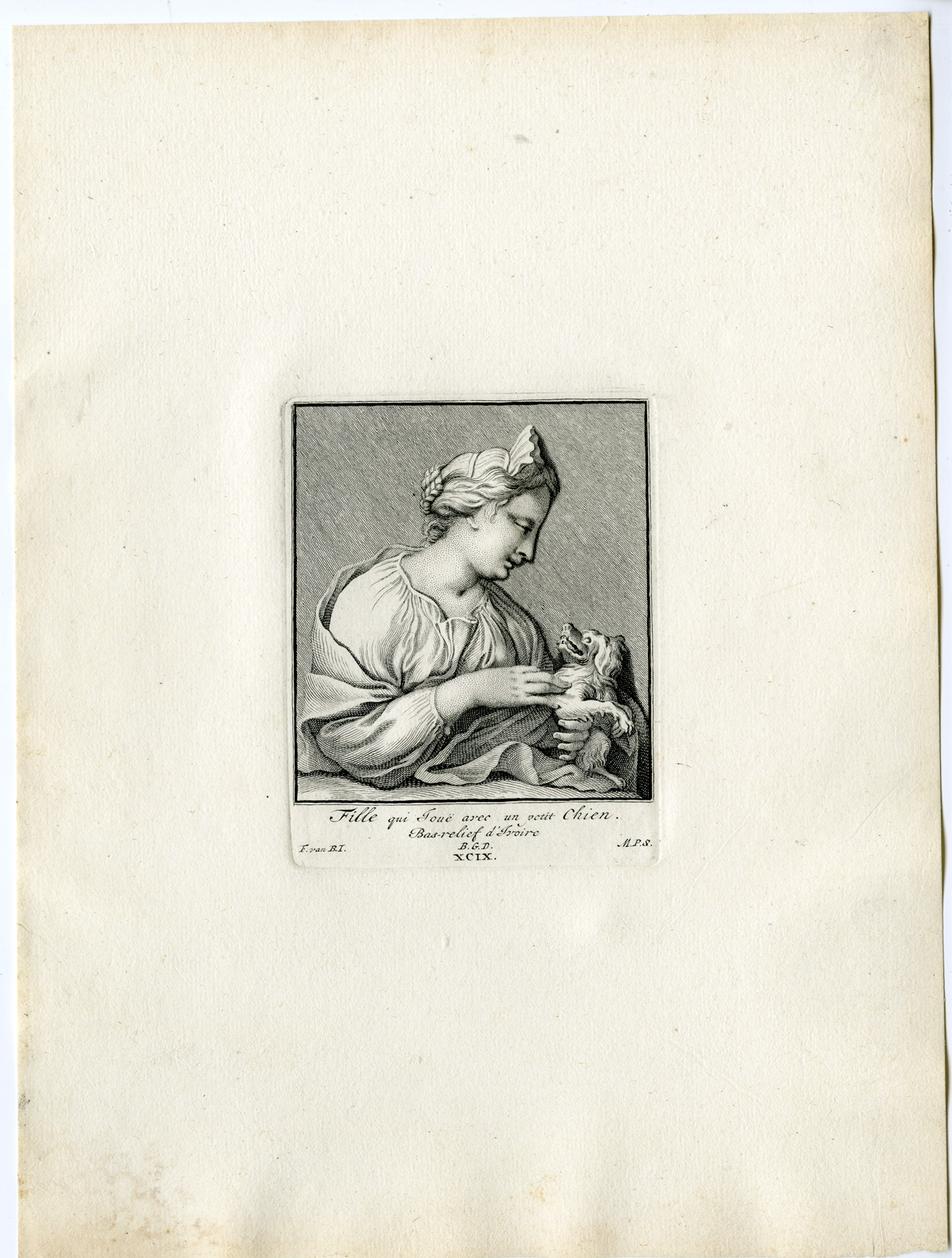 , Antique Print – GIRL-SMALL DOG-PL.XCIX-POOL after BOSSUIT – 1727, Pictura Antique Prints
