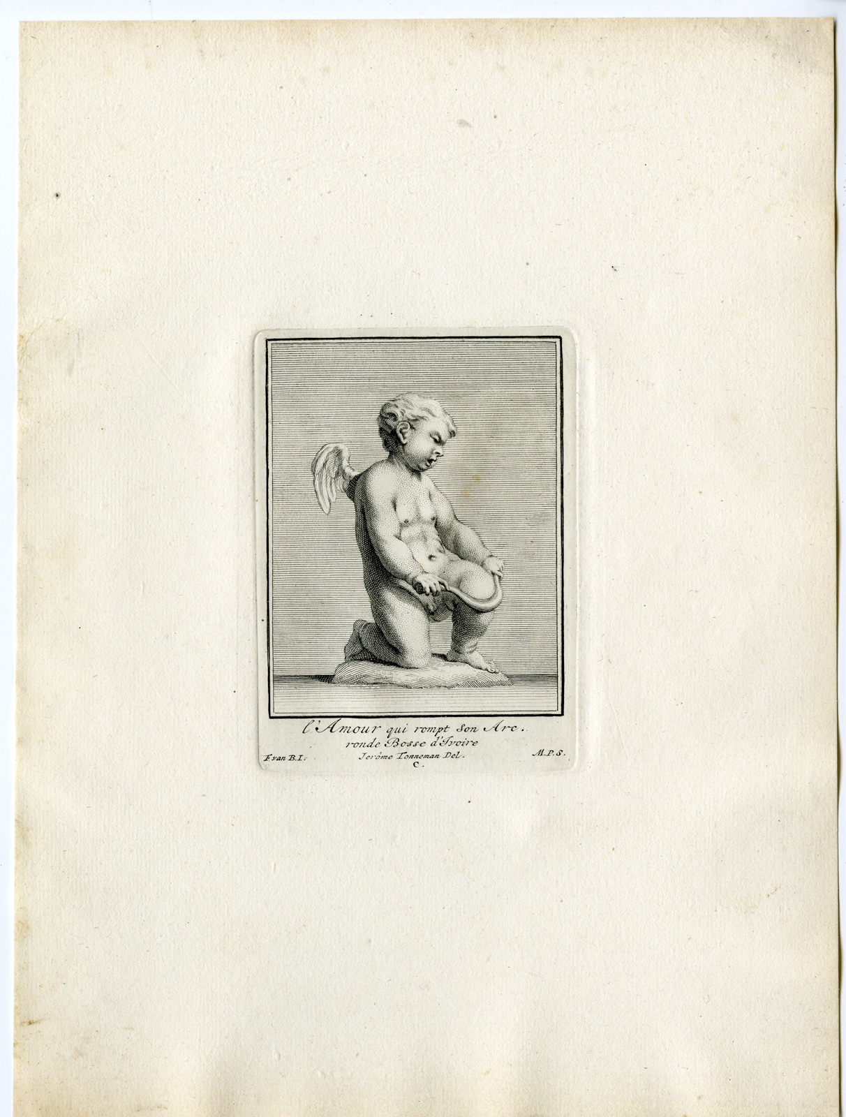 , Antique Print – L’AMOUR-LOVE-CUPID-PUTTI-ANGEL-BOW-ARC-PL.C-POOL after BOSSUIT – 1727, Pictura Antique Prints
