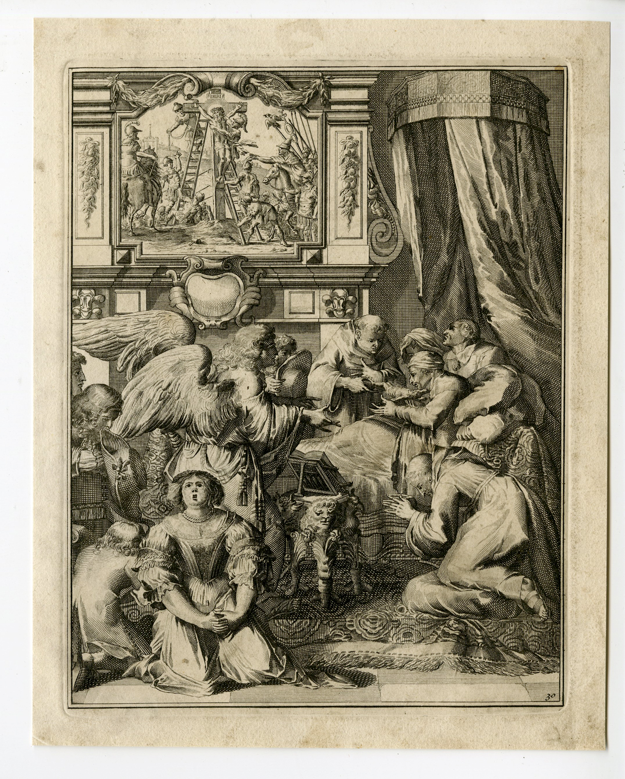 , Antique Print – SICK MAN-JESUS-CRUCIFIXION-MARY-38-HOOGHE after VIGNE – 1694, Pictura Antique Prints