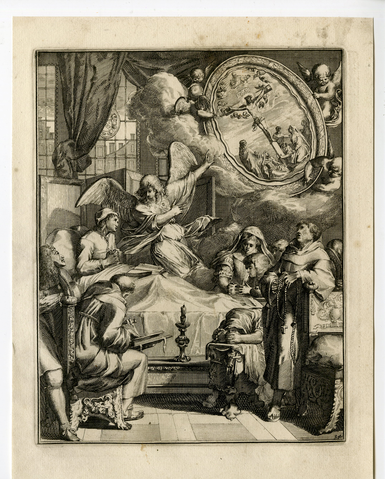 , Antique Print – SICK MAN-FORGIVENESS-JESUS-CRUCIFIXION-34-HOOGHE after VIGNE – 1694, Pictura Antique Prints