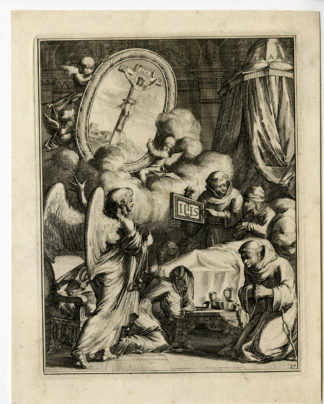Antique Print - SICK MAN-ACCEPT DEATH-JESUS-CRUCIFIXION-31-HOOGHE after VIGNE - 1694