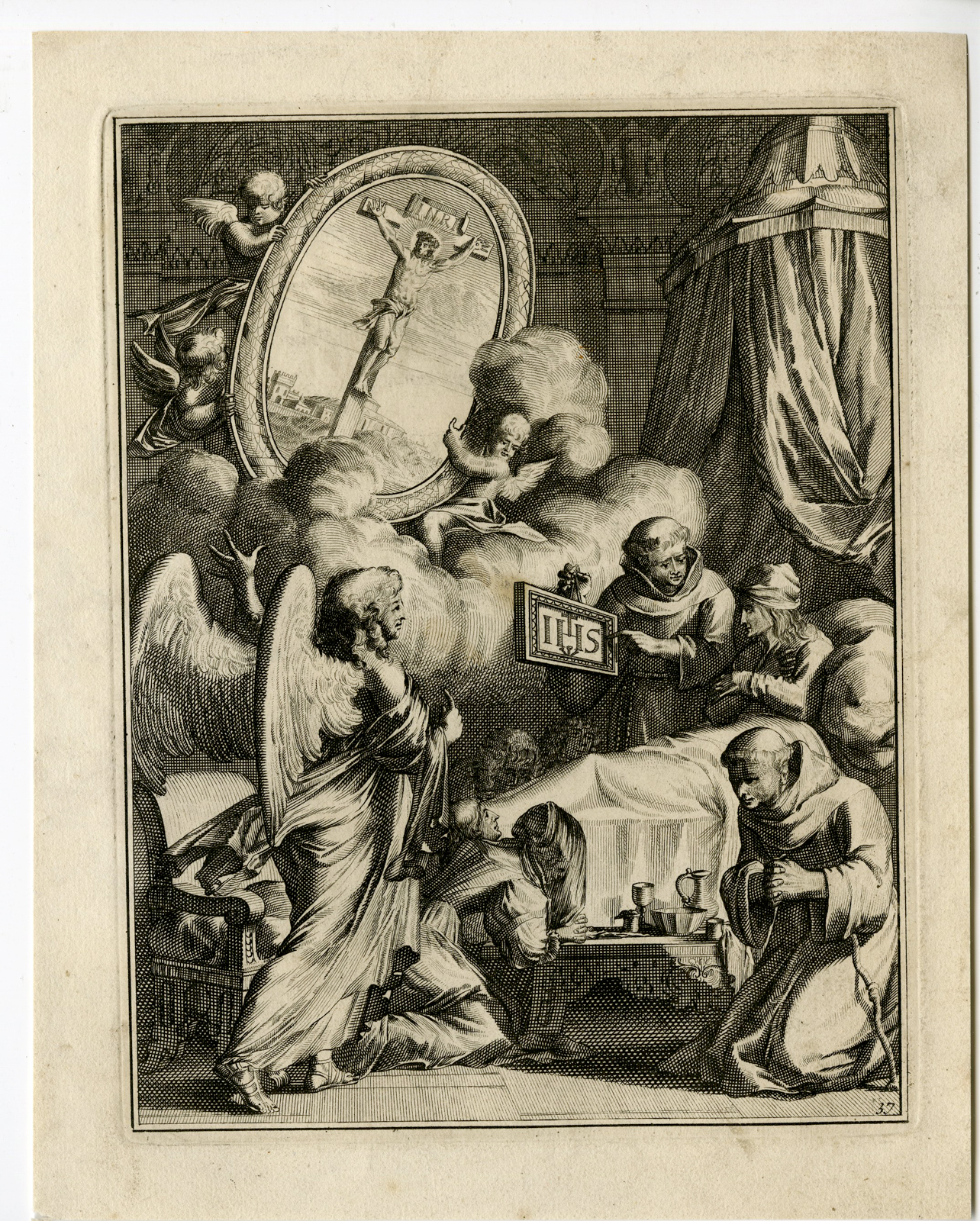 , Antique Print – SICK MAN-ACCEPT DEATH-JESUS-CRUCIFIXION-31-HOOGHE after VIGNE – 1694, Pictura Antique Prints