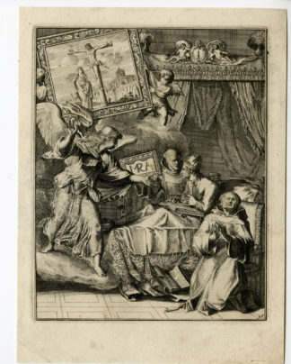 Antique Print - SICK MAN-ACCEPT DEATH-JESUS-CRUCIFIXION-30-HOOGHE after VIGNE - 1694