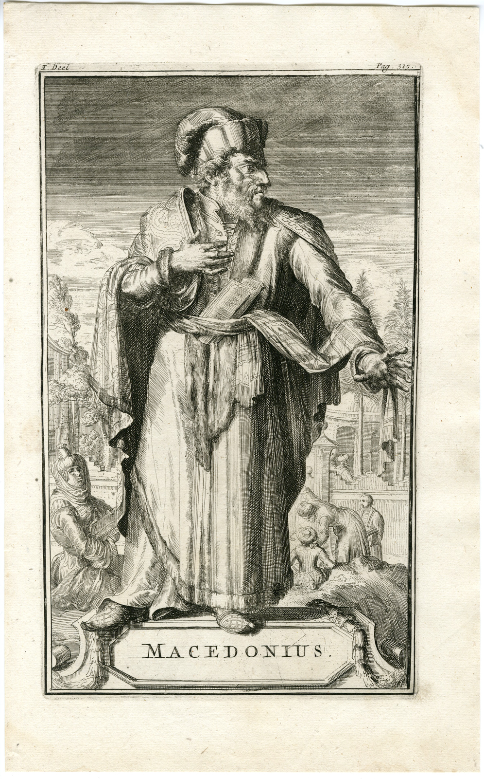 , Antique Print – MACEDONIUS I OF CONSTANTINOPLE-HERETICS-DE HOOGHE after ARNOLD – 1701, Pictura Antique Prints