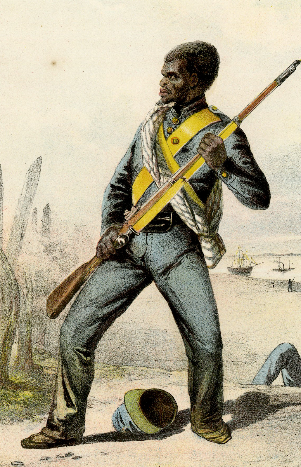 , Antique Print – AFRICAN SOLDIER-ARMY-DUTCH INDIES-JAVA-INDONESIA-HARDOUIN after own design published by H.M. LANGE – 1855, Pictura Antique Prints