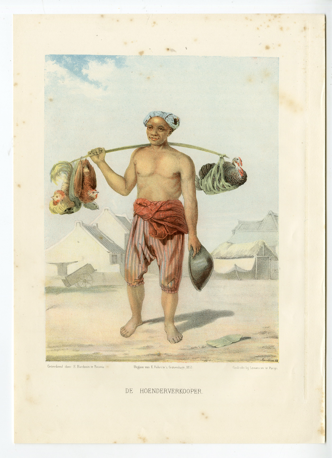 , Antique Print – SELLING POULTRY-JAVA-NATIVE-COSTUME-INDONESIA-HARDOUIN after own design published by H.M. LANGE – 1855, Pictura Antique Prints