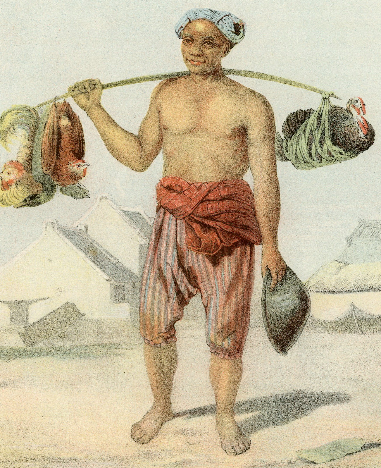 , Antique Print – SELLING POULTRY-JAVA-NATIVE-COSTUME-INDONESIA-HARDOUIN after own design published by H.M. LANGE – 1855, Pictura Antique Prints