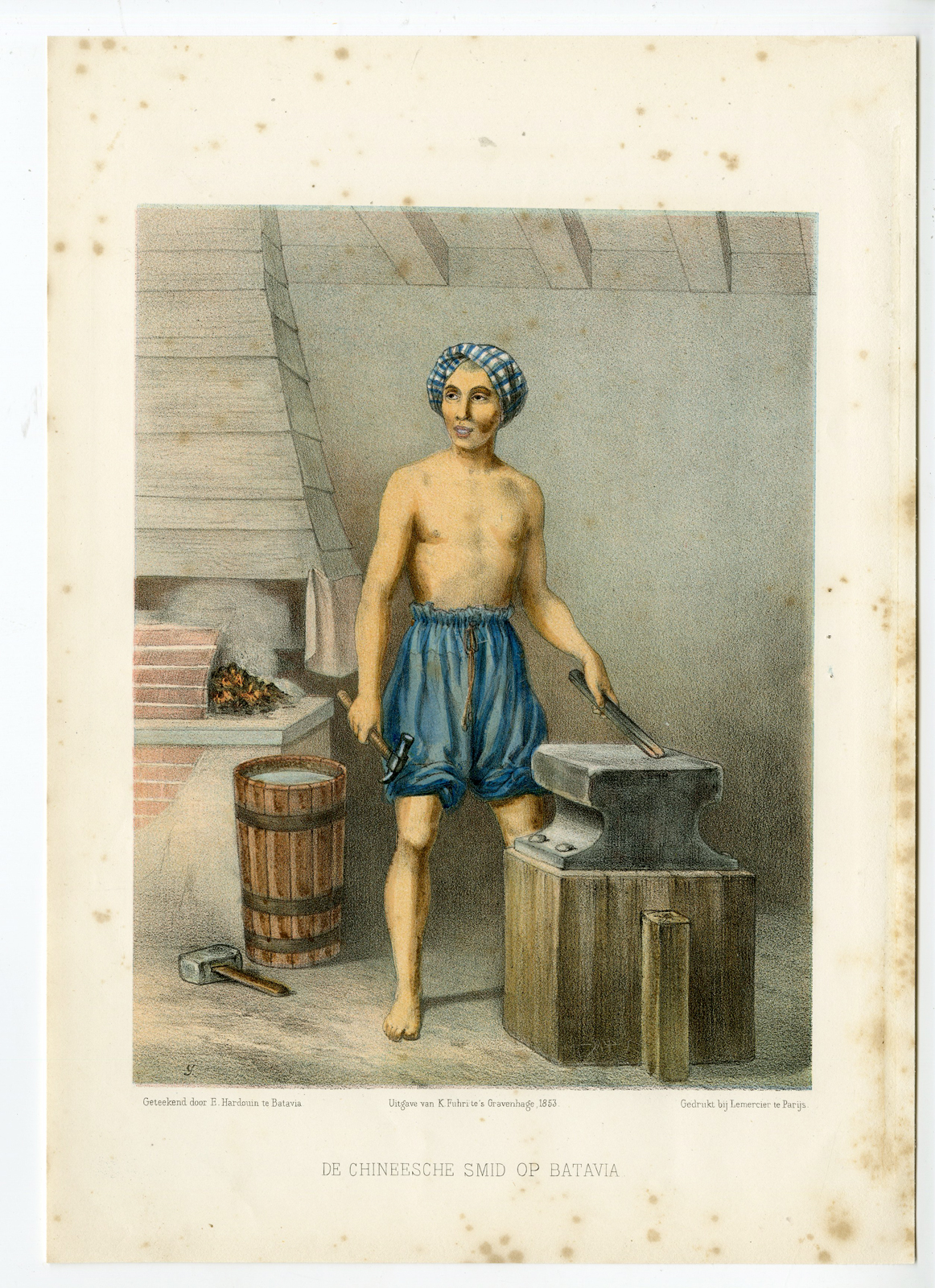 , Antique Print – CHINESE BLACKSMITH-JAVA-BATAVIA-INDONESIA-HARDOUIN after own design published by H.M. LANGE – 1855, Pictura Antique Prints