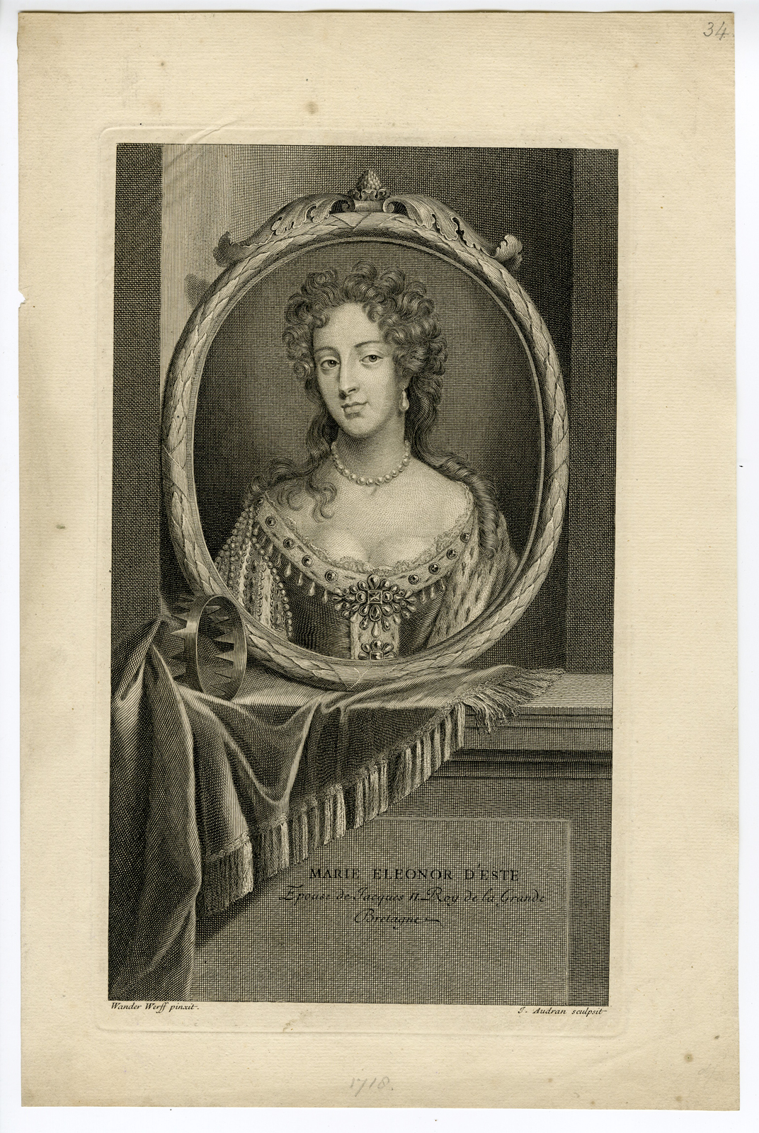 , Antique Print – MARIE ELEONOR D’ESTE-JACOB II-AUDRAN after WERFF – 1718, Pictura Antique Prints