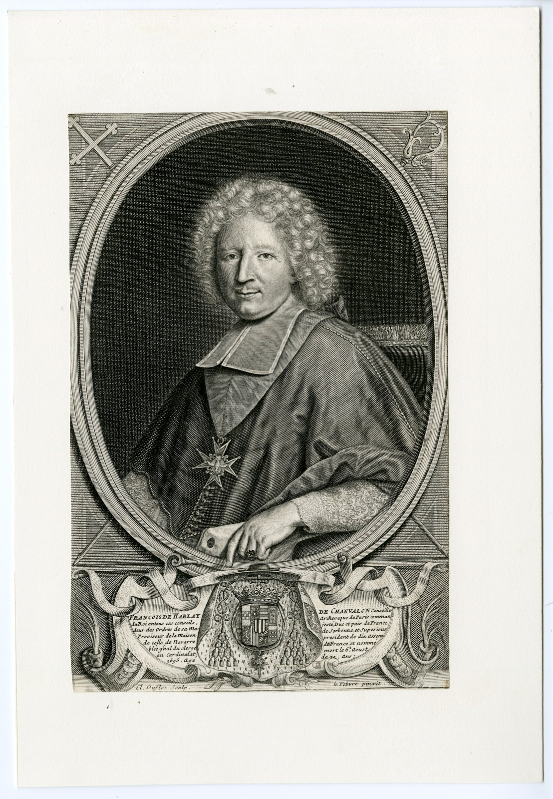 , Antique Print – FRACOIS DE HARLAY DE CHAMVALON-ARCHBISHOP-DUFLOS after LE LEFEBURE – 18th. C, Pictura Antique Prints